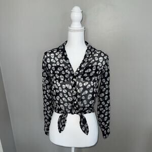 Aeropostale Sheer Skull Long Sleeve Button Up Shirt Woman’s XS Black Heart Eyes